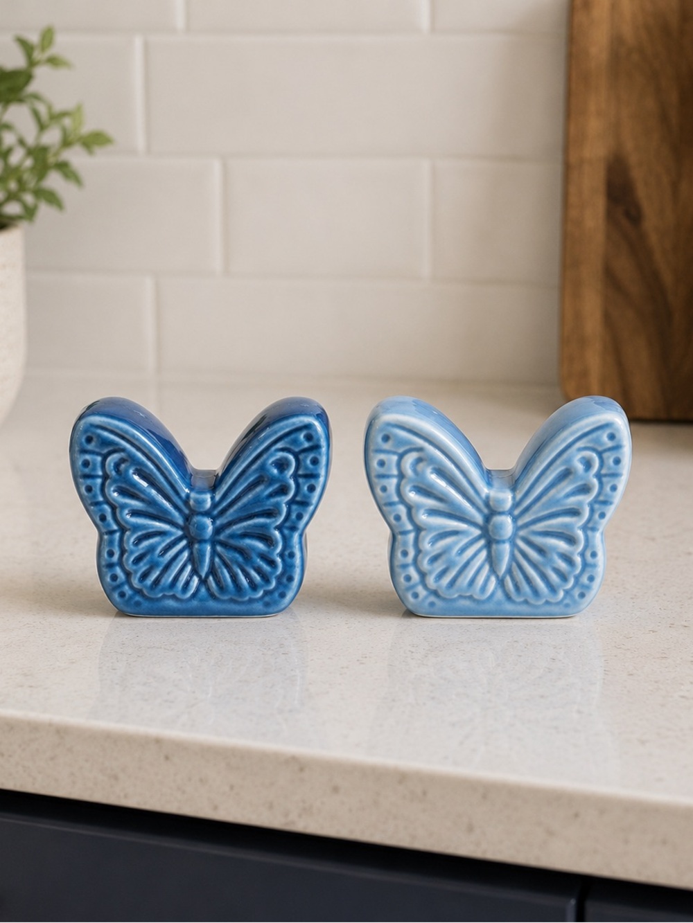 Butterfly Ceramic Salt and Pepper Shakers - Blue and Light Blue